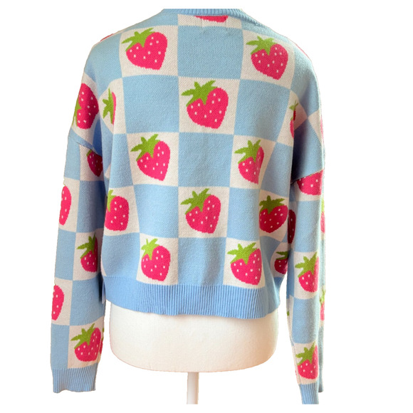 Luna Ivy Strawberry Checkerboard Knit Sweater Blue Pink Y2K Kawaii Pastel S - Picture 5 of 11